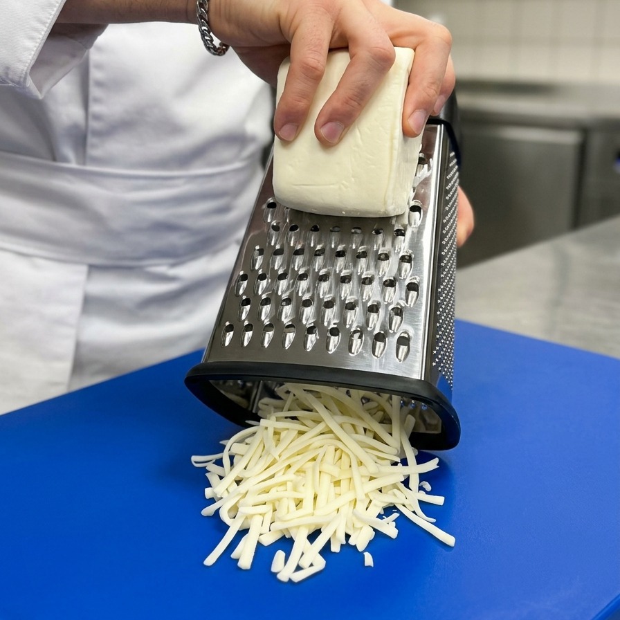 Mains râpant un bloc de fromage blanc à laide dune râpe classique.
