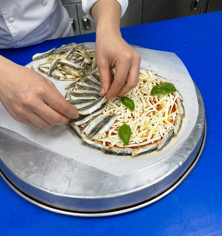 Chef disposant des filets danchois en motifs concentriques pour couvrir le fromage.