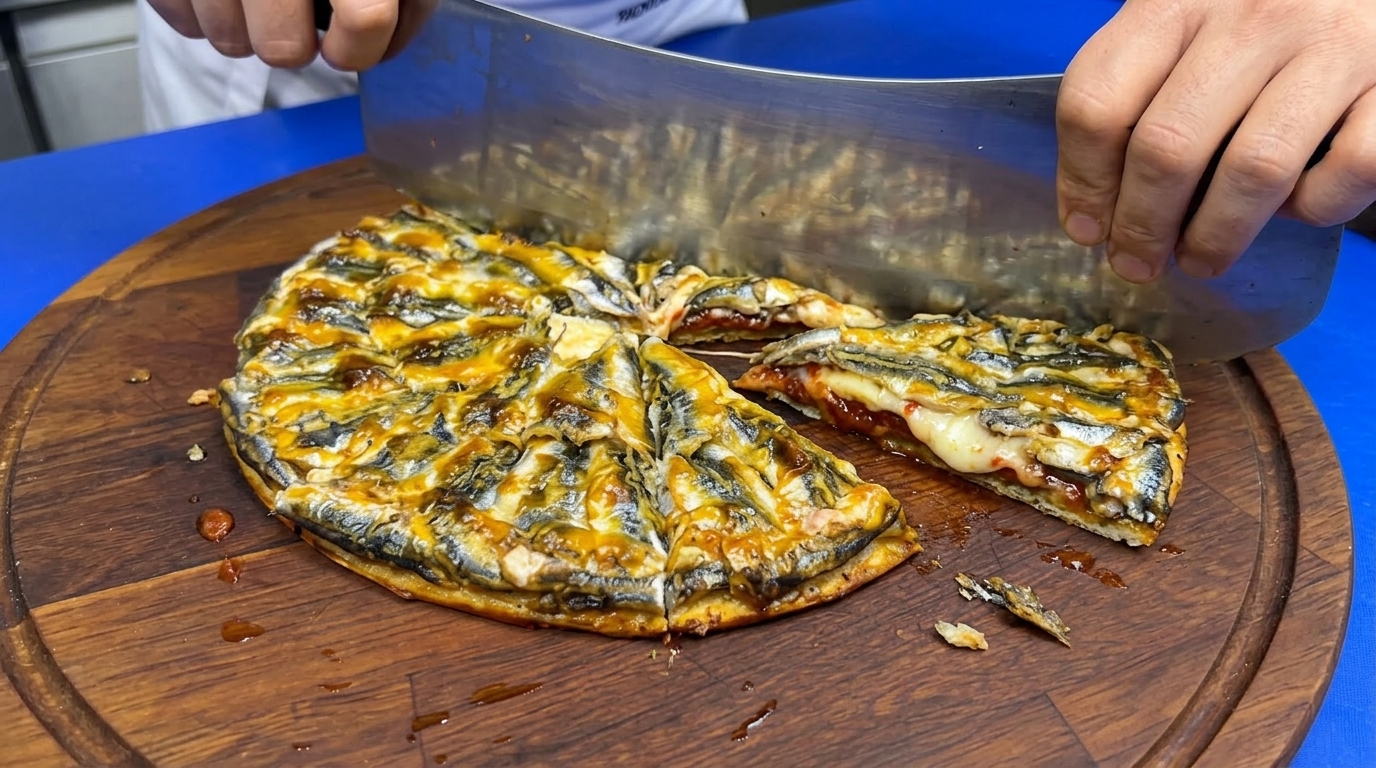 Une pizza aux anchois frais tout juste sortie du four, coupée en parts sur une planche en bois rustique.