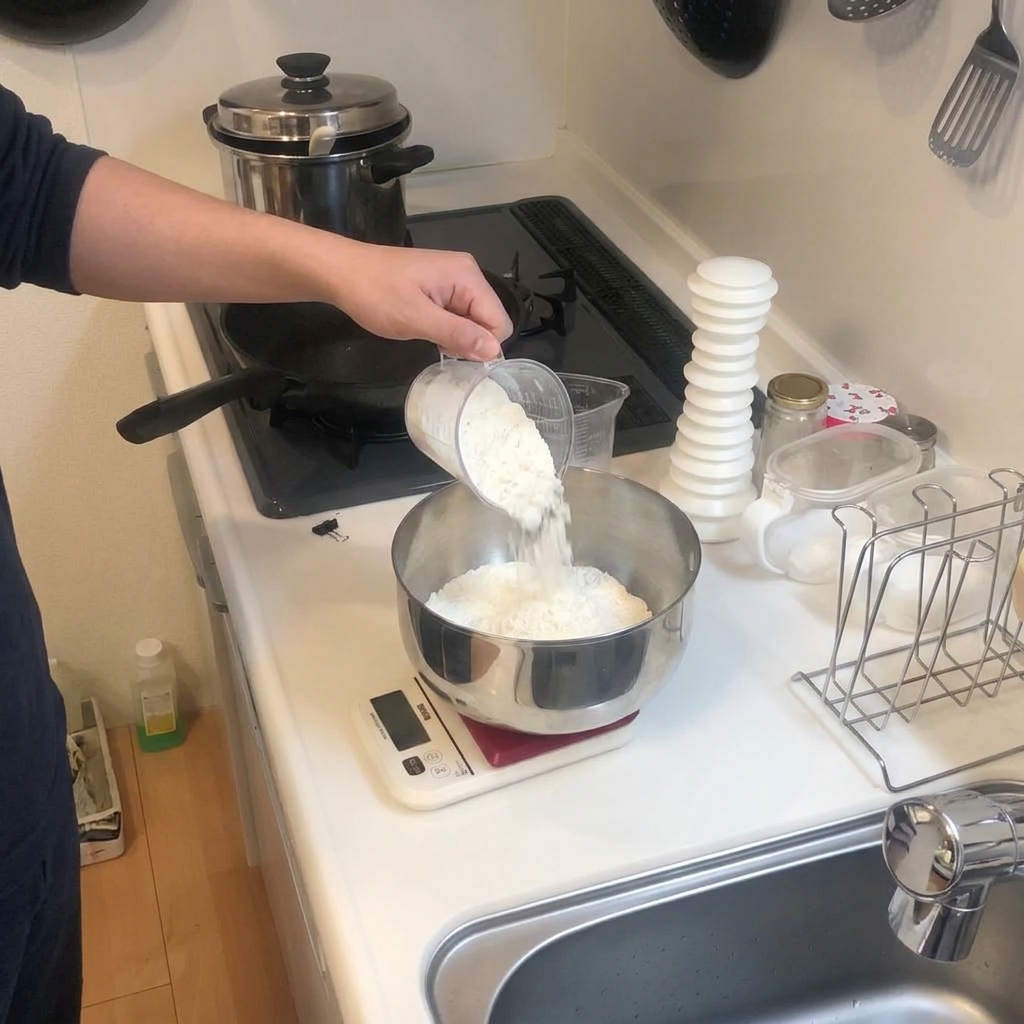 Une personne versant de la farine blanche depuis un verre doseur dans un bol en inox posé sur une balance numérique.