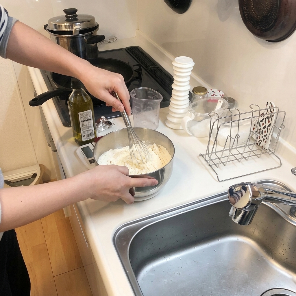 Deux mains utilisant un fouet en métal pour mélanger une préparation de farine humide dans un bol en inox.