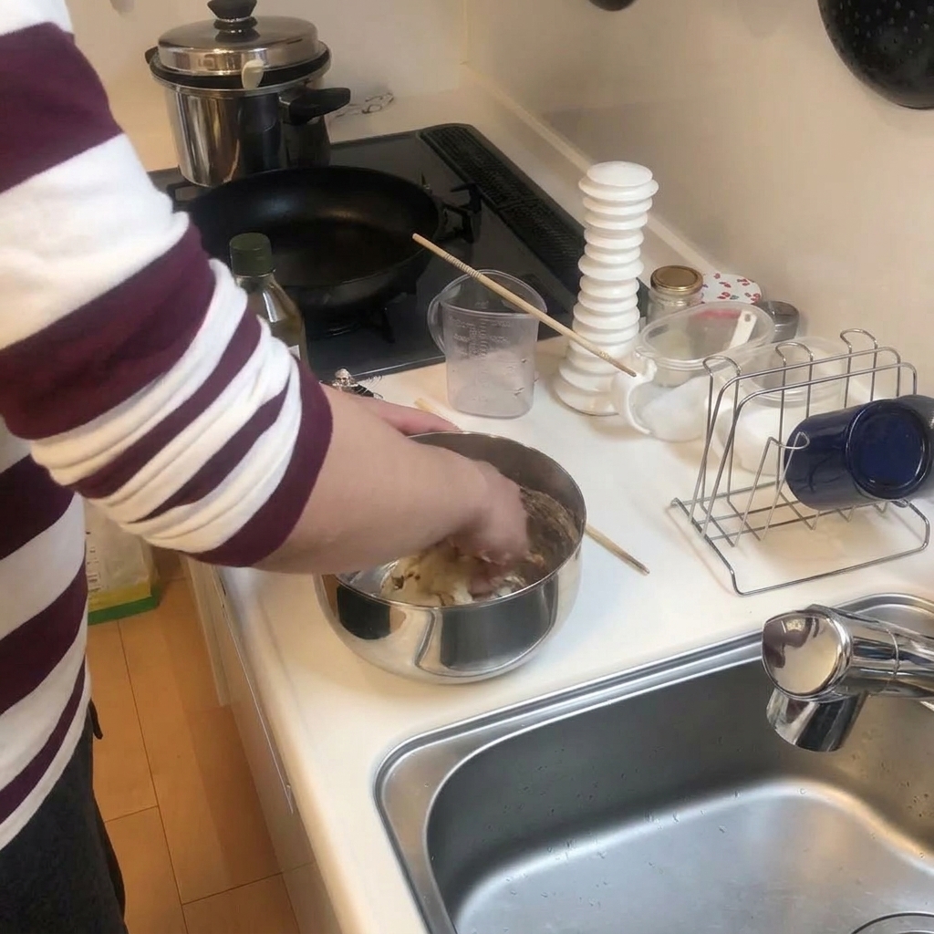 Une personne pétrissant une boule de pâte à pizza à la main dans un bol en métal, avec des baguettes posées sur le rebord.