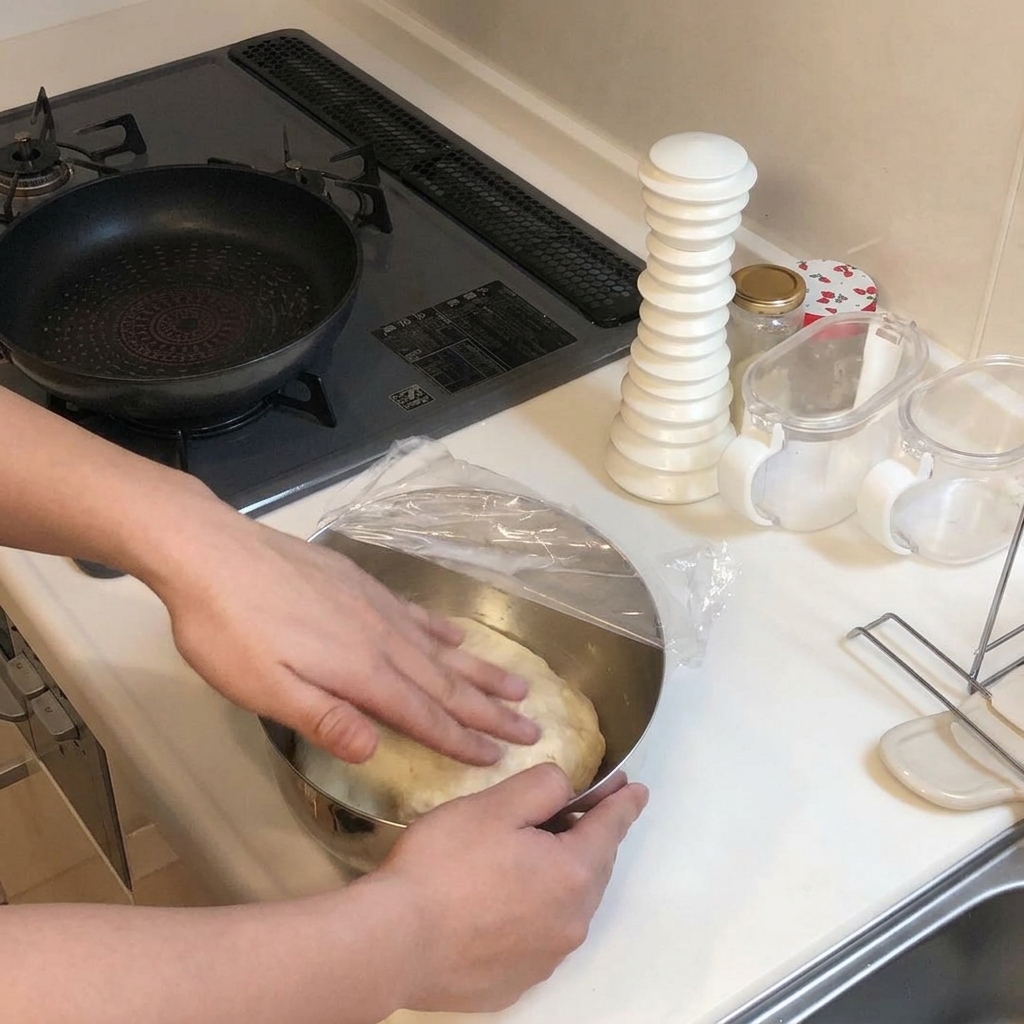 Des mains appuyant sur une boule de pâte à pizza lisse et levée dans un bol en métal recouvert de film plastique.