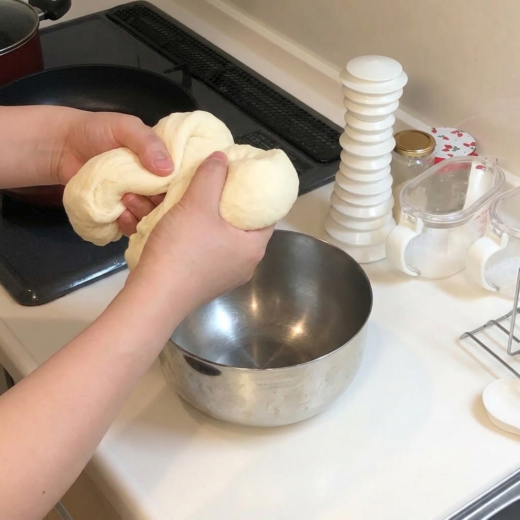 Deux mains séparant un gros morceau de pâte à pizza crue en deux moitiés égales.