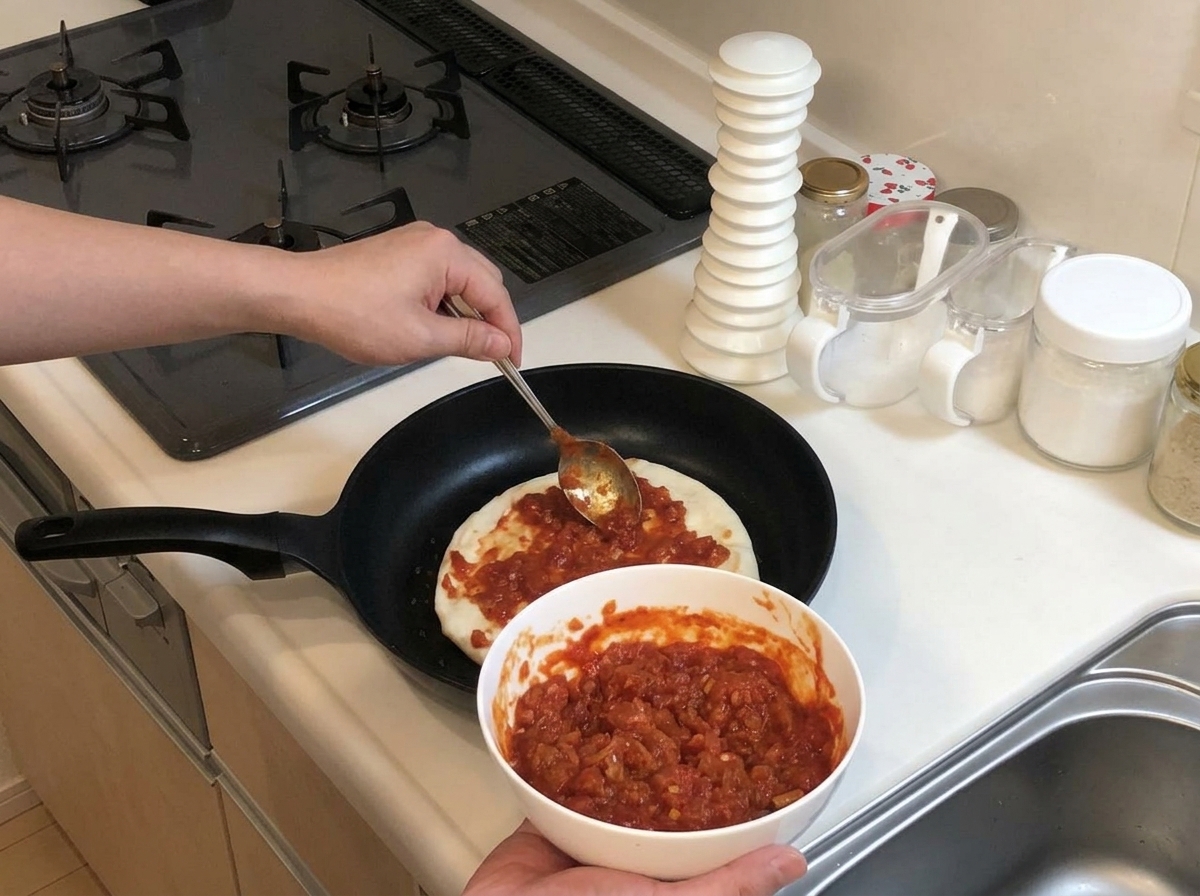 Utilisation du dos dune cuillère en métal pour étaler une sauce pizza rouge et riche sur une base de pâte crue dans une poêle.