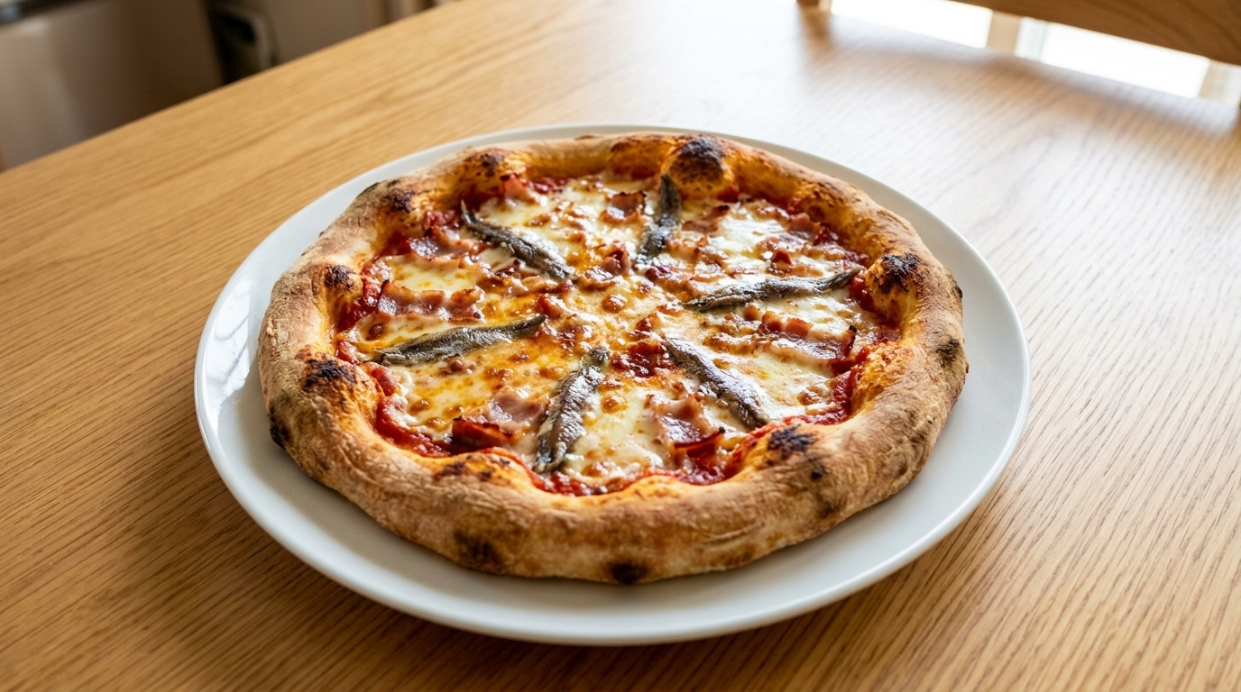 Pizza à la poêle croustillante aux anchois et au bacon