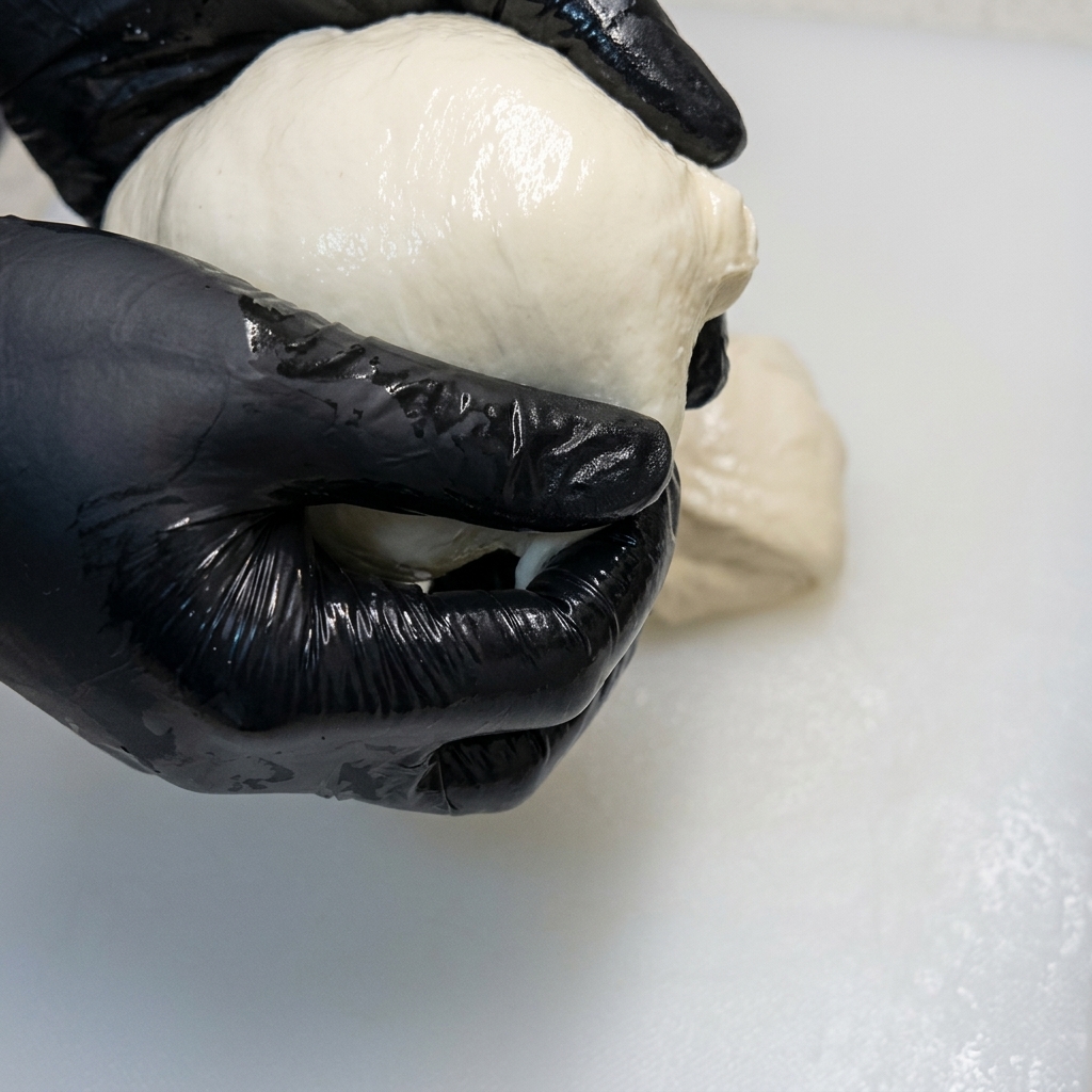 Mains formant une boule de pâte serrée et élastique.
