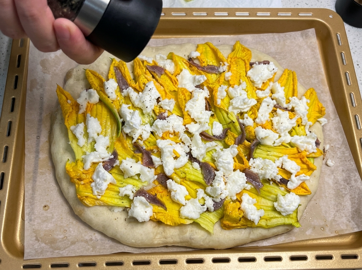 Main utilisant un moulin à poivre au-dessus de la pizza garnie prête à cuire.