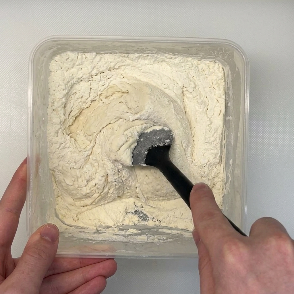 Une spatule incorporant de la farine blanche dans un levain fermenté et bulleux.