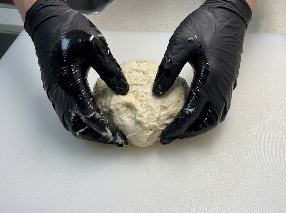 Deux mains gantées façonnant délicatement une boule de pâte brillante et collante sur une planche.