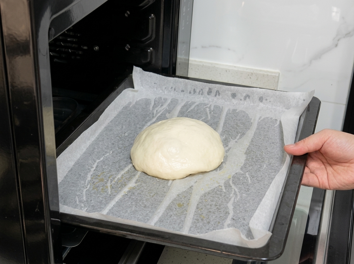 Une main plaçant une plaque de cuisson avec des pâtons ronds dans un four éteint.