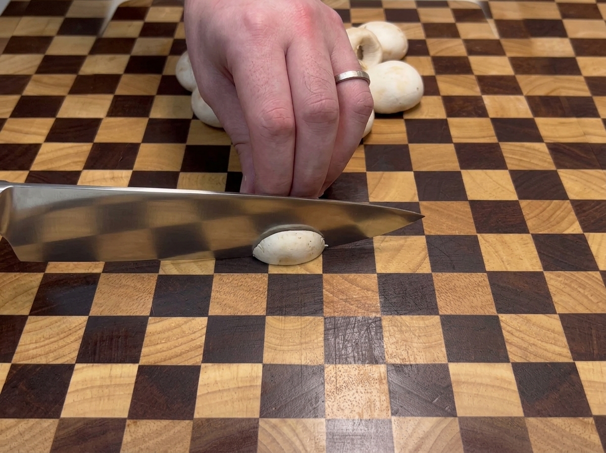 Une main utilisant un couteau de chef pour trancher des champignons de Paris sur une planche en bois.