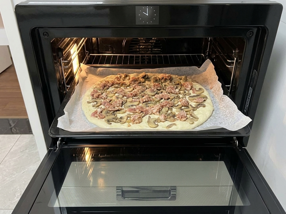 Une plaque de cuisson avec la pizza aux champignons et à la saucisse enfournée dans un four préchauffé.