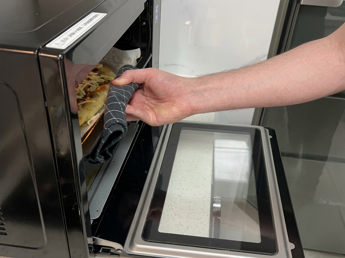 Une main avec un gant de cuisine glissant la pizza sur le niveau supérieur dun petit four.