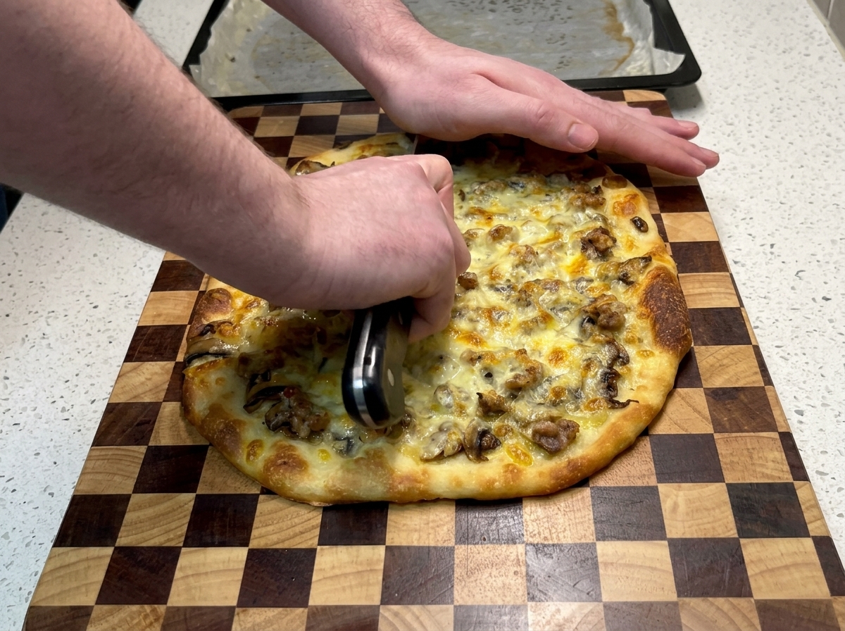 Deux mains appuyant sur un grand couteau pour couper une pizza rectangulaire sur une planche en bois.