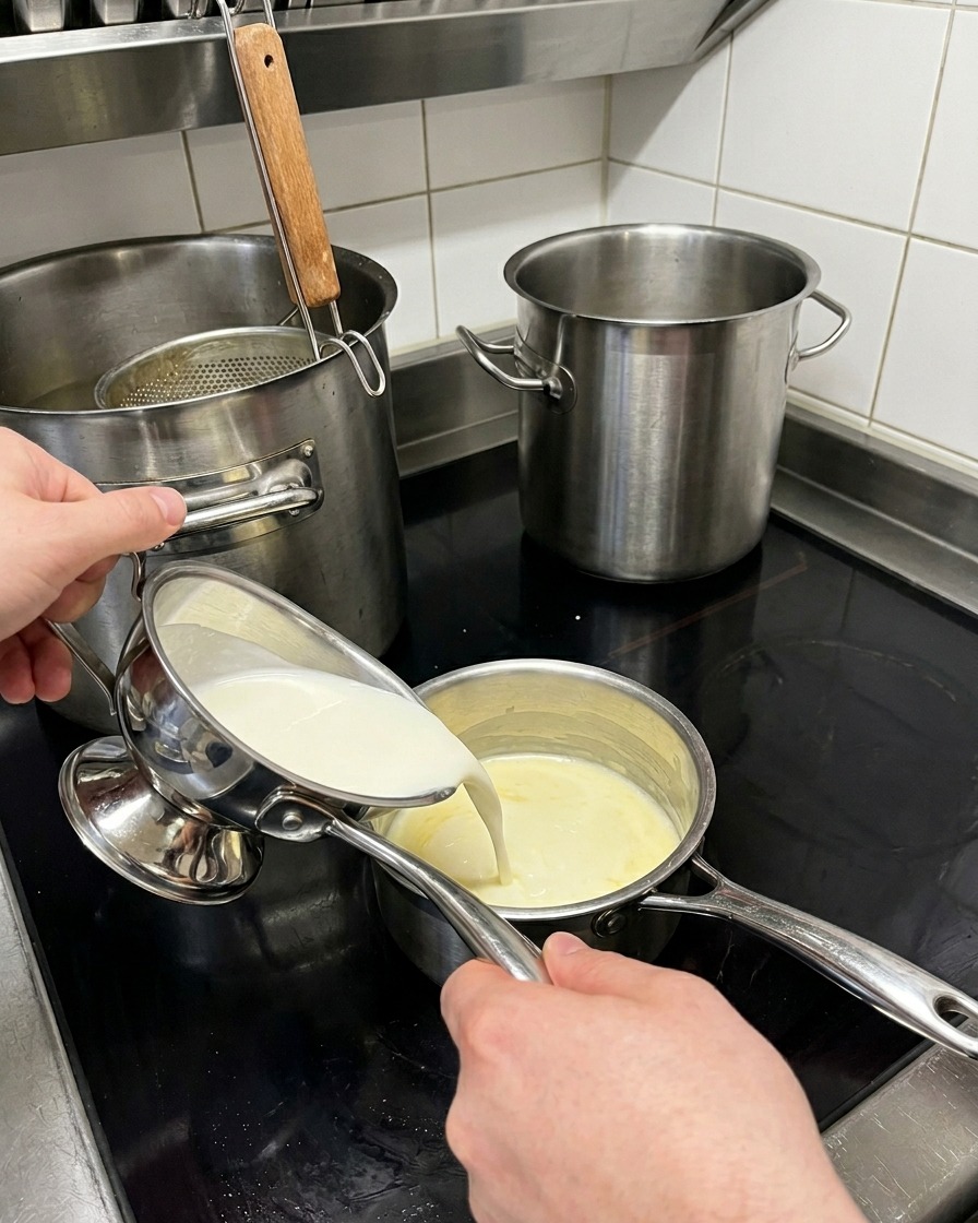 Lait versé doucement dun petit pichet dans la casserole contenant le roux.