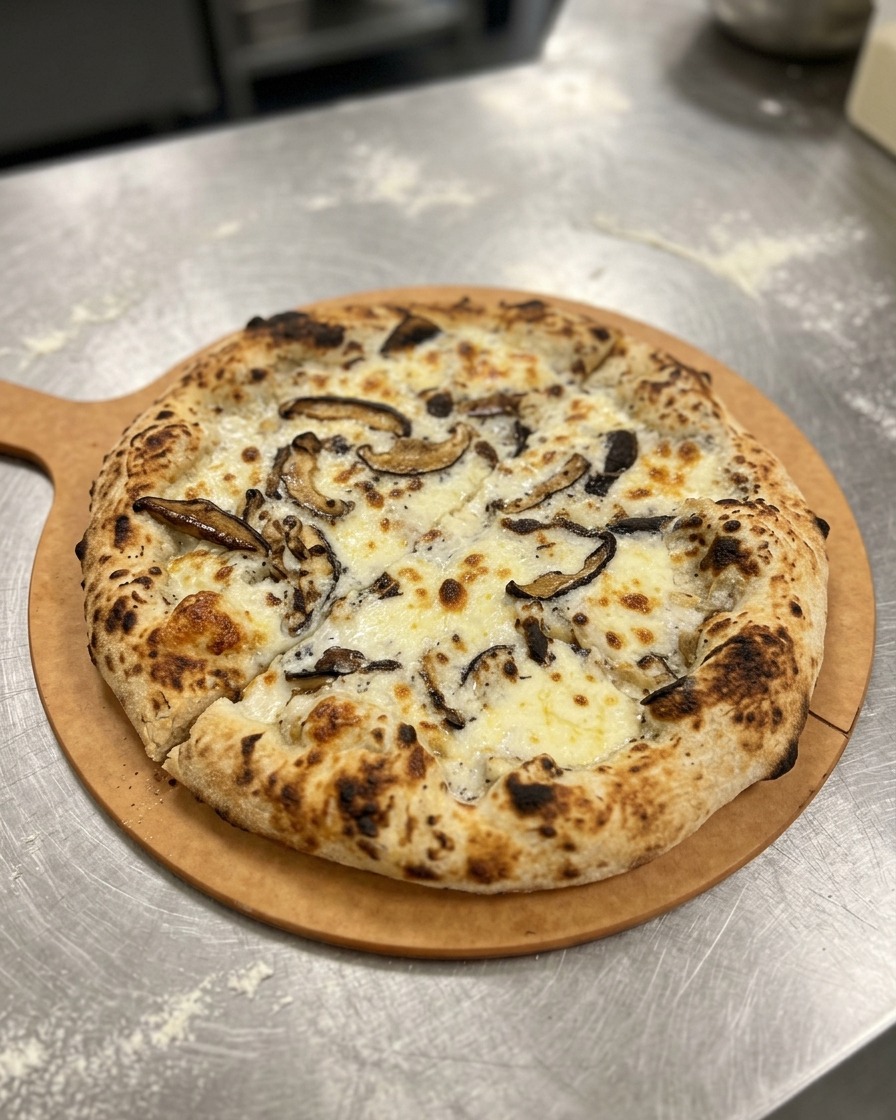 Pizza cuite à la croûte alvéolée, coupée en quartiers sur une pelle en bois.
