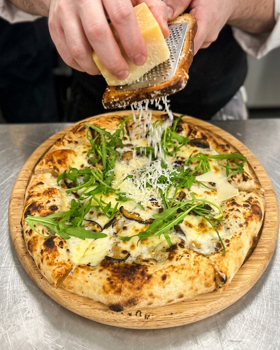 Une personne râpant du parmesan frais au-dessus de la pizza tout juste sortie du four.