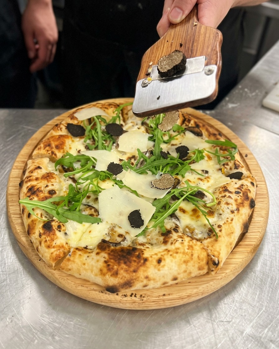 Une mandoline à truffe distribuant des copeaux extrêmement fins de truffe noire sur la pizza.