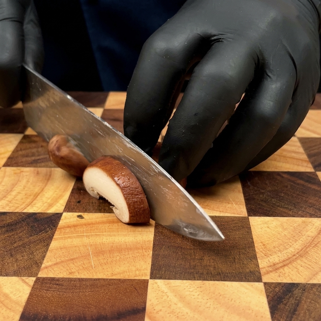Mains gantées éminçant un champignon de Paris brun sur une planche à découper avec un grand couteau de chef.