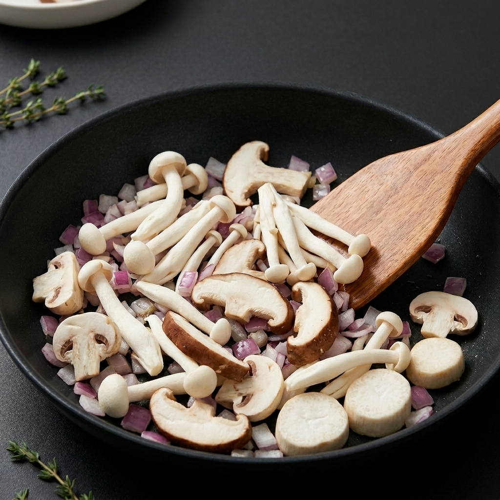 Divers champignons crus émincés dans une poêle avec des oignons rouges sautés.