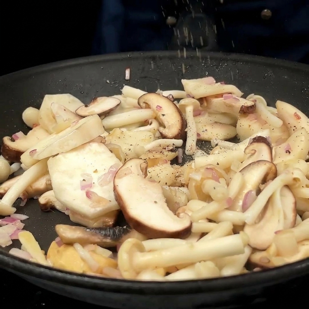 Poivre noir fraîchement moulu saupoudré sur une poêle de champignons et doignons rouges.