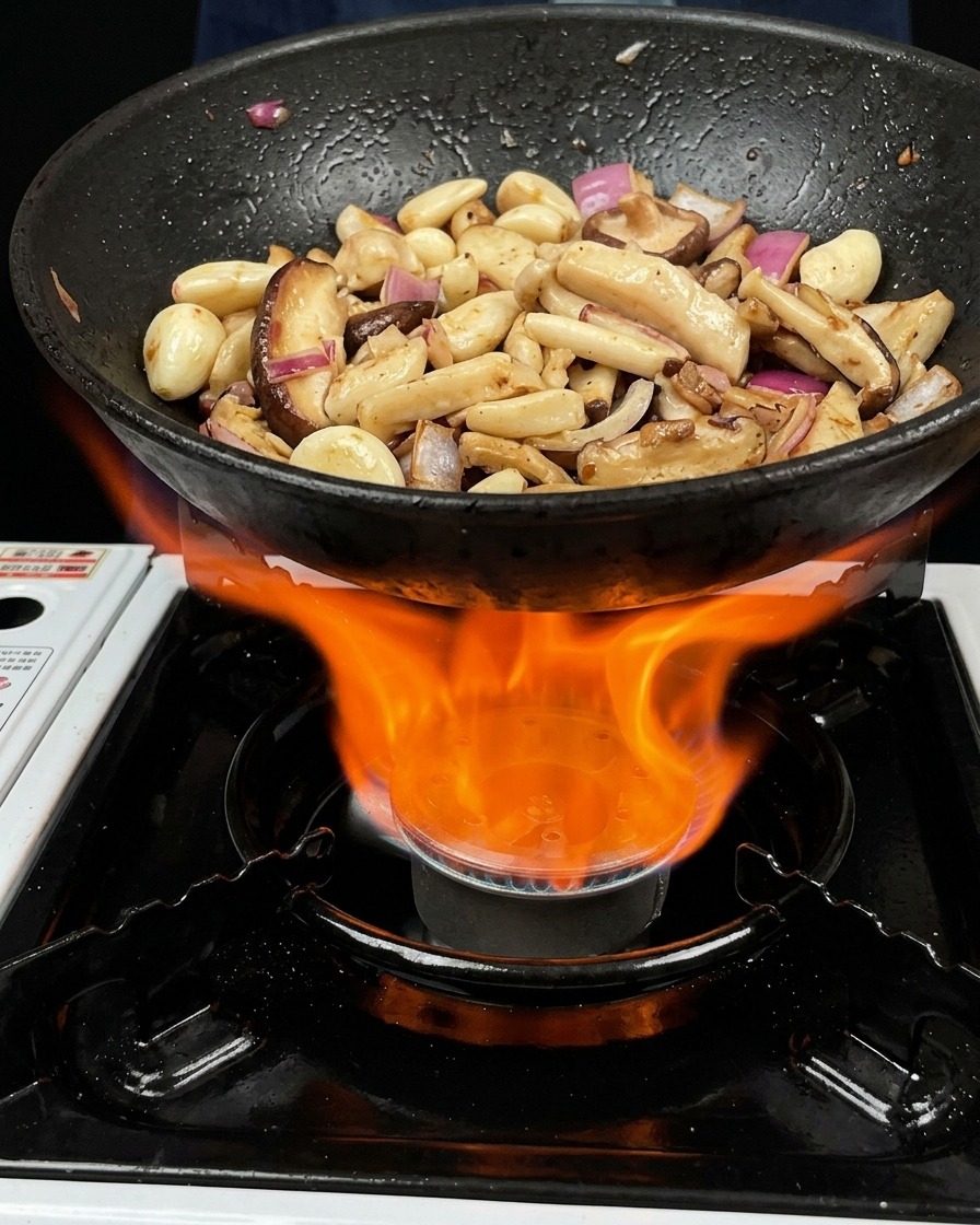 Poêle noire remplie de champignons et dail sautés au-dessus dune flamme vive sur une cuisinière à gaz.