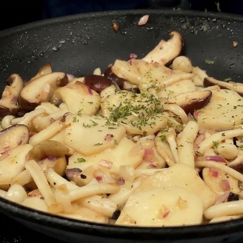 Persil vert haché parsemé sur une poêle de champignons sautés bien dorés.