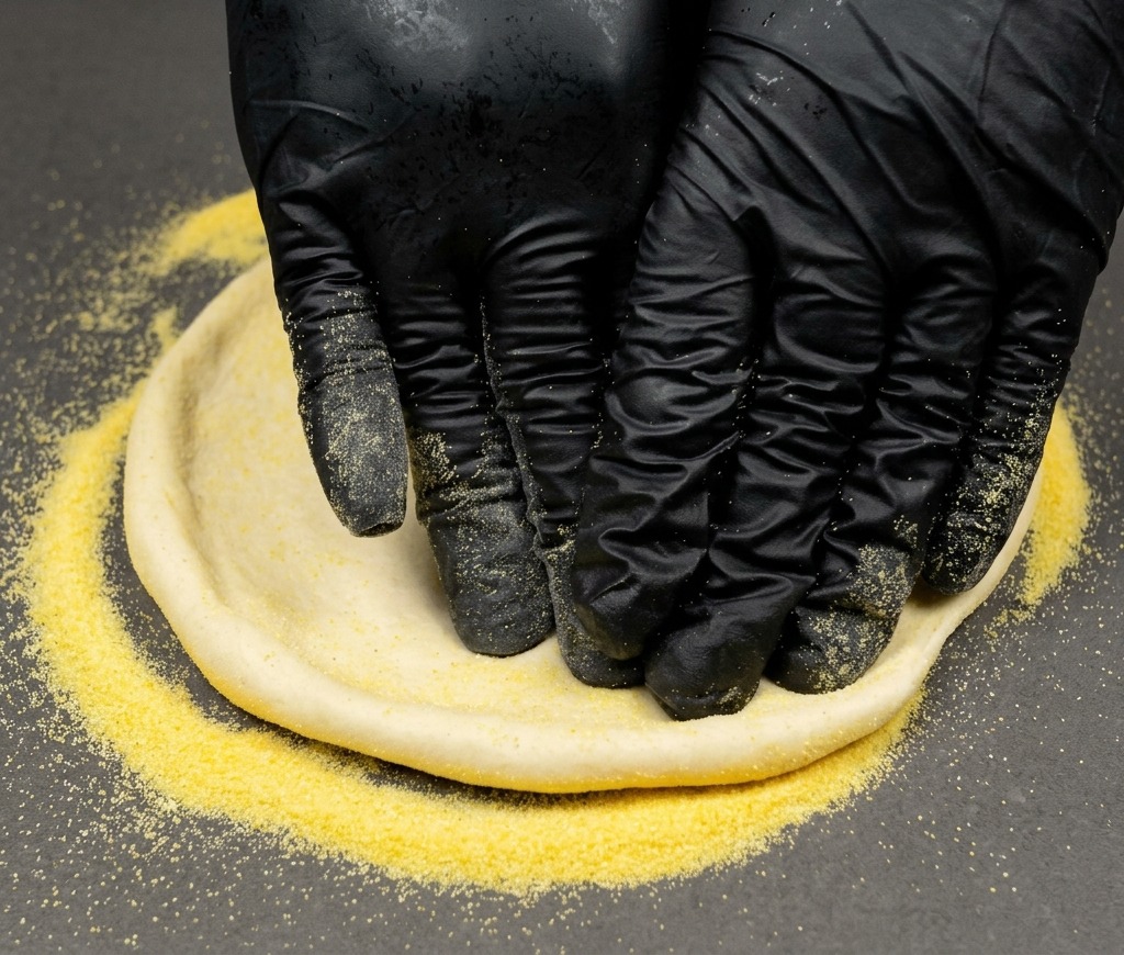 Mains avec des gants noirs pressant une boule de pâte à pizza sur une surface saupoudrée de semoule de maïs jaune.