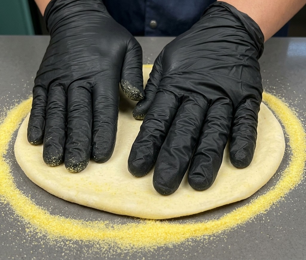 Mains étirant une base de pizza circulaire sur un comptoir recouvert de semoule de maïs jaune.