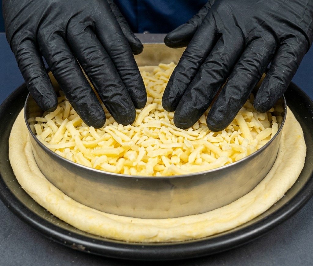 Mains répartissant une couche généreuse de mozzarella râpée sur la pâte à pizza à lintérieur dun cercle métallique.