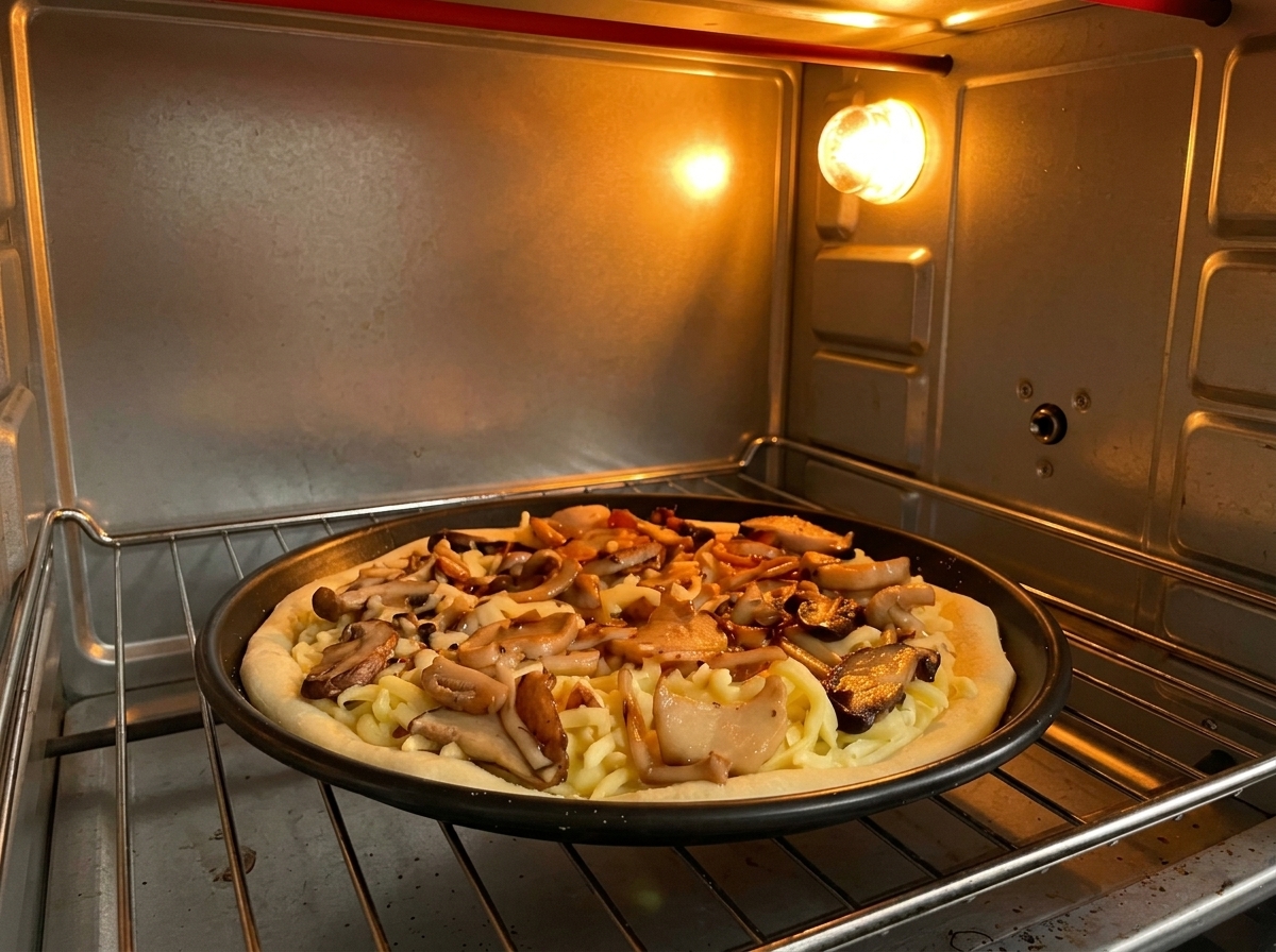 Une pizza aux champignons assemblée posée sur une plaque de cuisson noire à lintérieur dun four chaud.