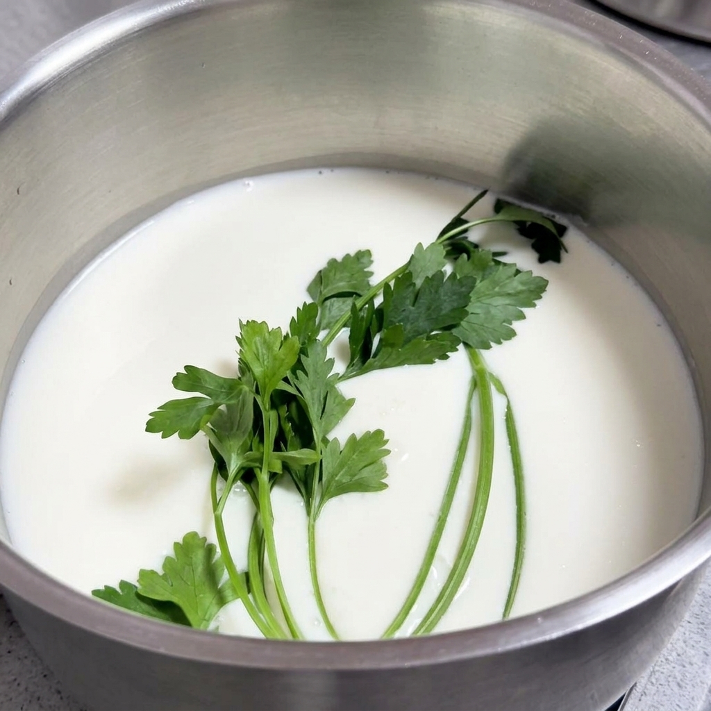 Une casserole remplie de lait avec un brin de persil frais et dautres aromates.