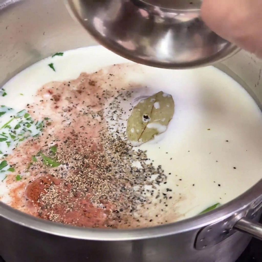 Du sel, du poivre et de la noix de muscade versés dun petit bol en métal dans le lait infusé.