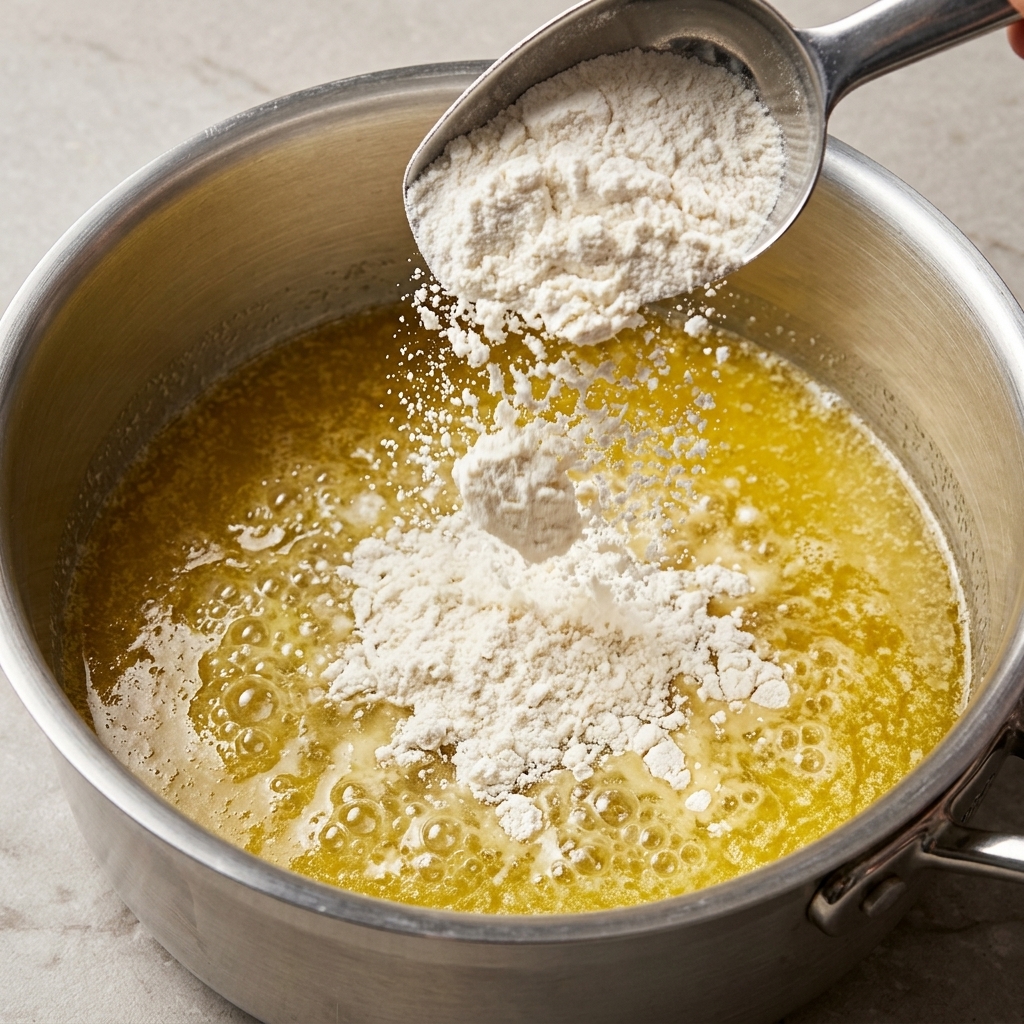 De la farine blanche versée à laide dune cuillère en métal dans une casserole de beurre fondu frémissant.
