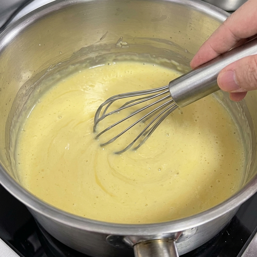 Un fouet mélangeant une préparation lisse et jaune pâle de beurre et de farine dans une casserole.