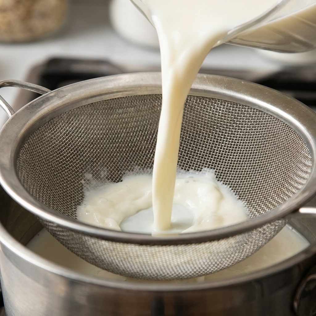 Du lait chaud versé à travers une passoire fine dans une casserole contenant le roux.