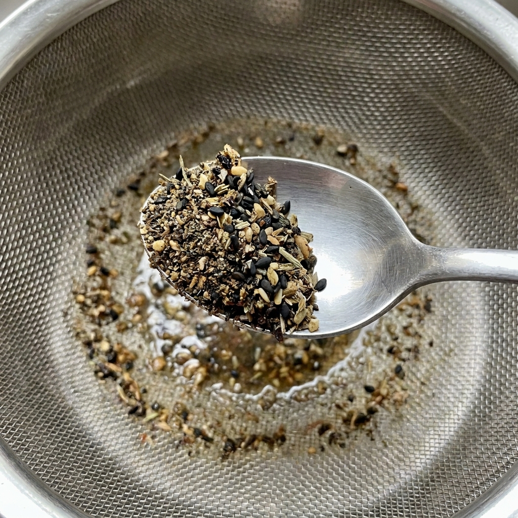 Une cuillère en métal tenant un mélange dépices et de graines infusées au-dessus dune passoire fine.