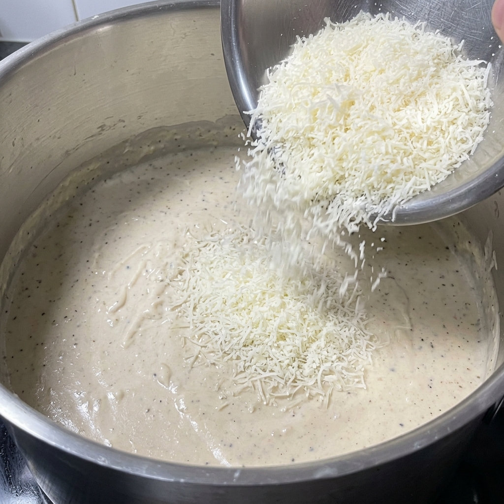 Une généreuse quantité de parmesan finement râpé versée depuis un bol en métal dans une casserole de sauce blanche crémeuse.