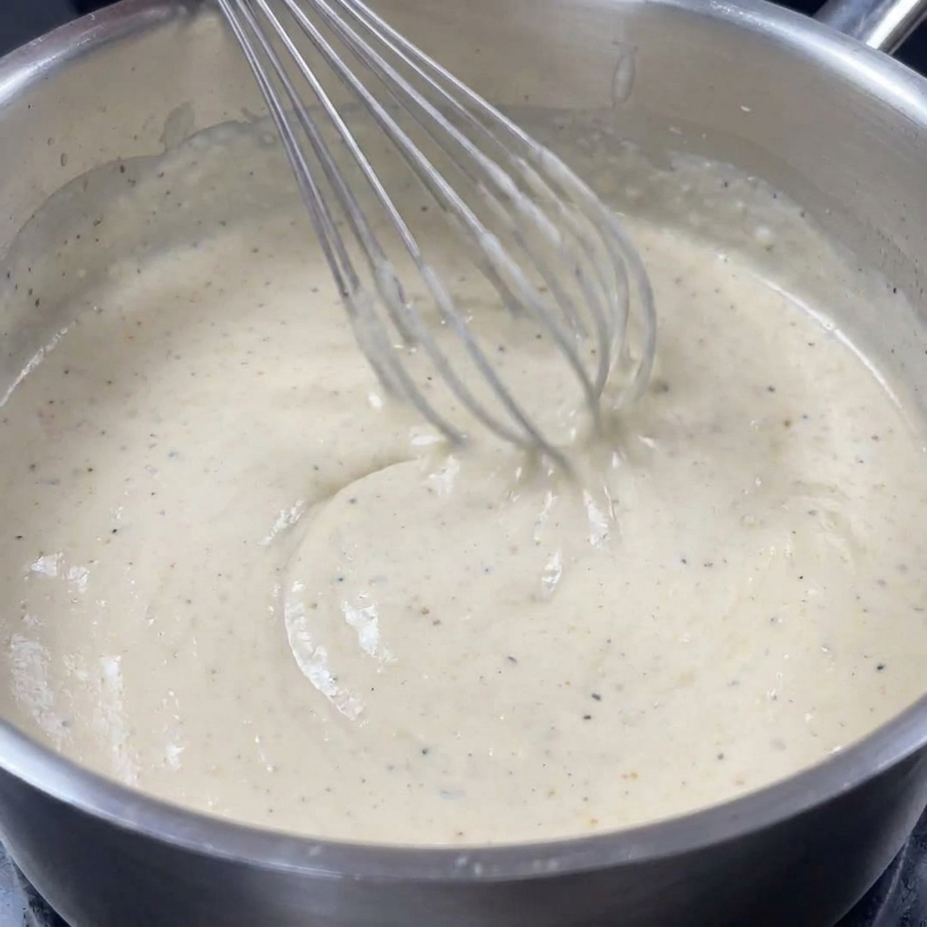 Un fouet mélangeant une sauce blanche tachetée et épaisse à la truffe dans une casserole.