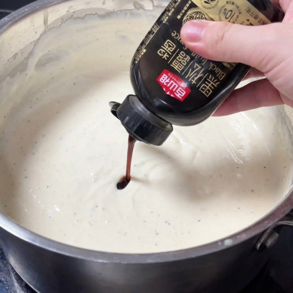 Une main tenant un flacon de sauce à la truffe noire, versant un filet sombre dans une casserole de sauce blanche épaisse.