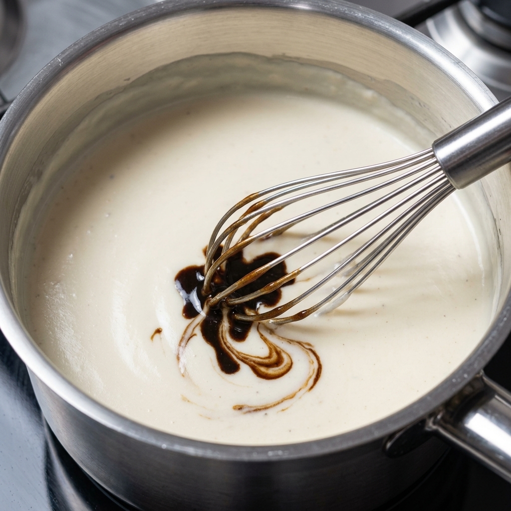 Un fouet incorporant la pâte de truffe brun foncé dans une sauce blanche crémeuse, dans une casserole.