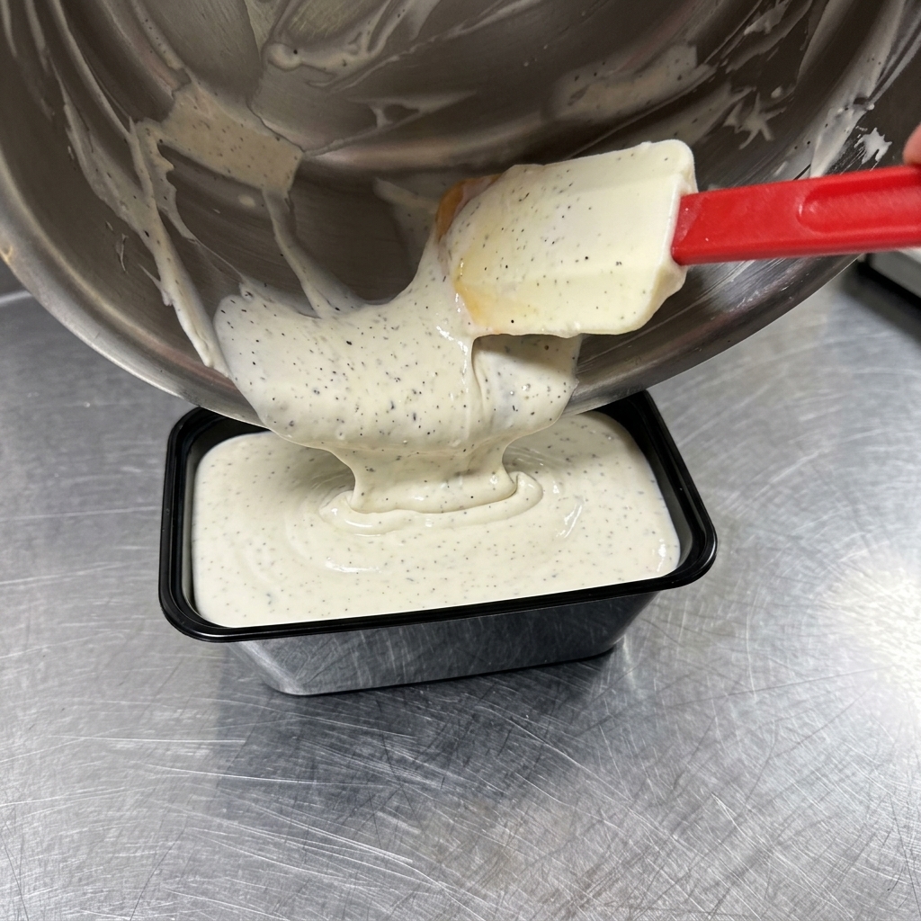 Raclage dune sauce blanche crémeuse à la truffe avec une spatule rouge dans une boîte de conservation en plastique noir.