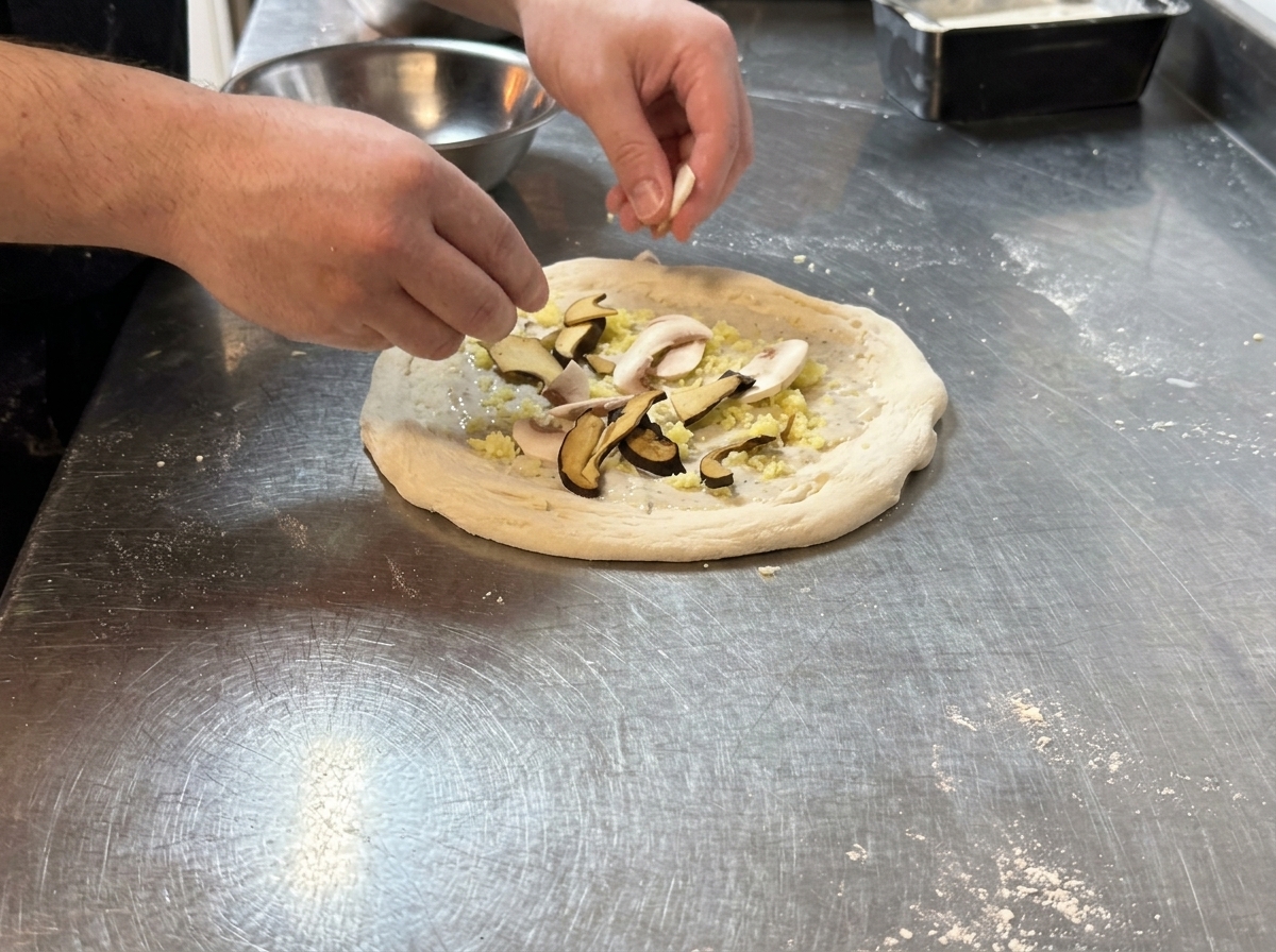 Des mains disposant des tranches de champignons frais sur une pâte à pizza recouverte de sauce blanche et de fromage.