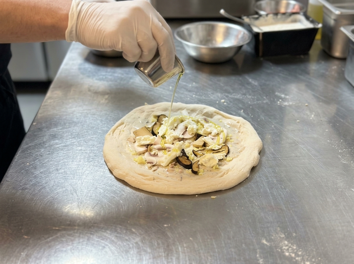 Une main gantée versant un filet dhuile dolive avec un petit pichet en métal sur une pizza crue garnie de sauce blanche, de champignons et de fromage, sur une table de préparation en inox.