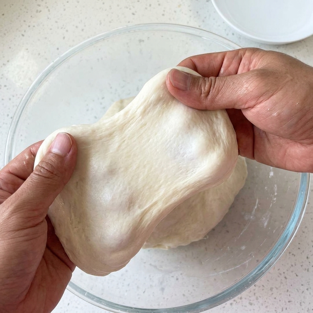 Deux mains étirant la pâte à pain pour former une membrane mince et translucide.