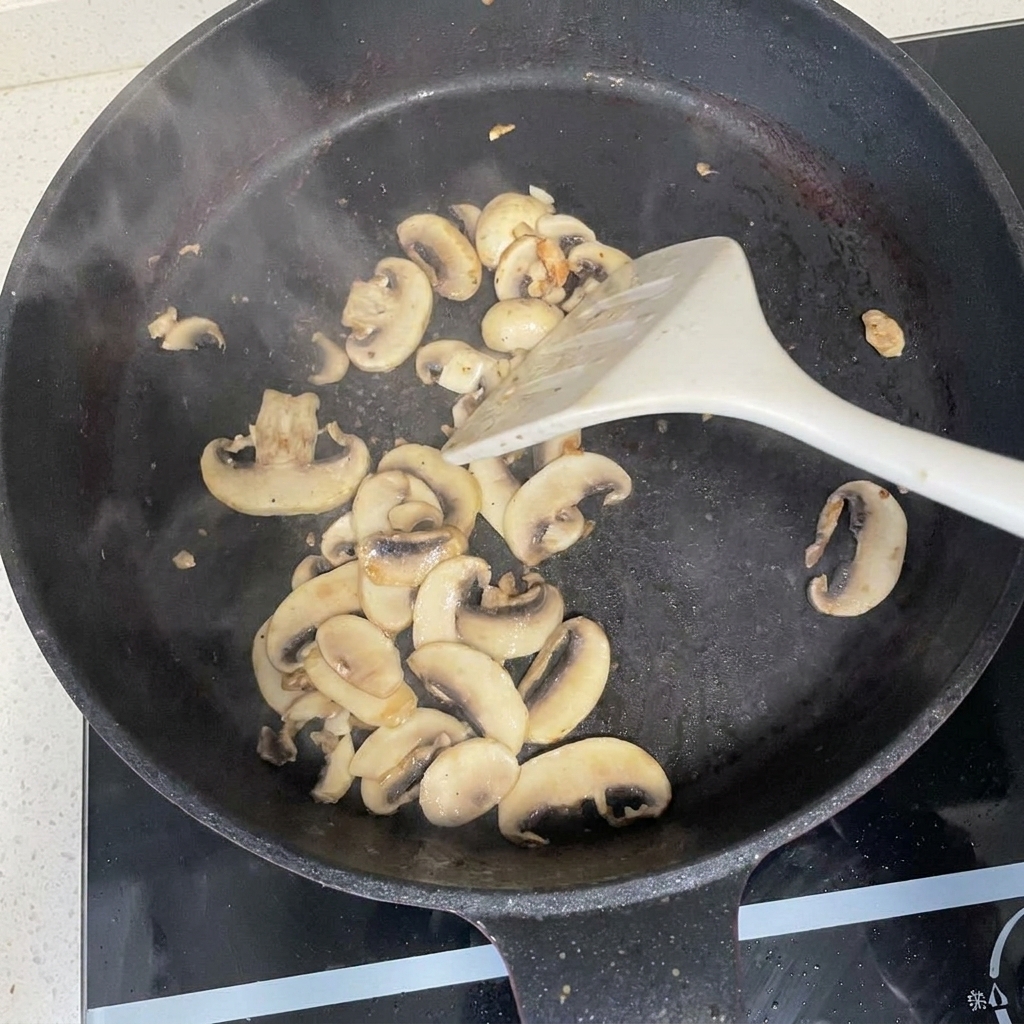 Champignons de Paris émincés sautés dans une poêle noire avec une spatule blanche.