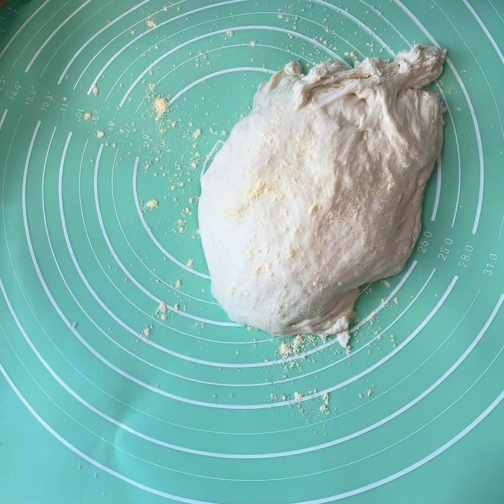 Boule de pâte à pizza fermentée reposant sur un tapis en silicone saupoudré de semoule de maïs jaune.