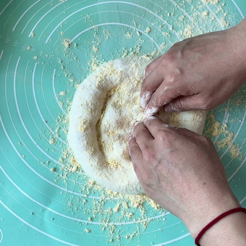 Deux mains pressant et étirant doucement une pâte à pizza en cercle sur un tapis en silicone.