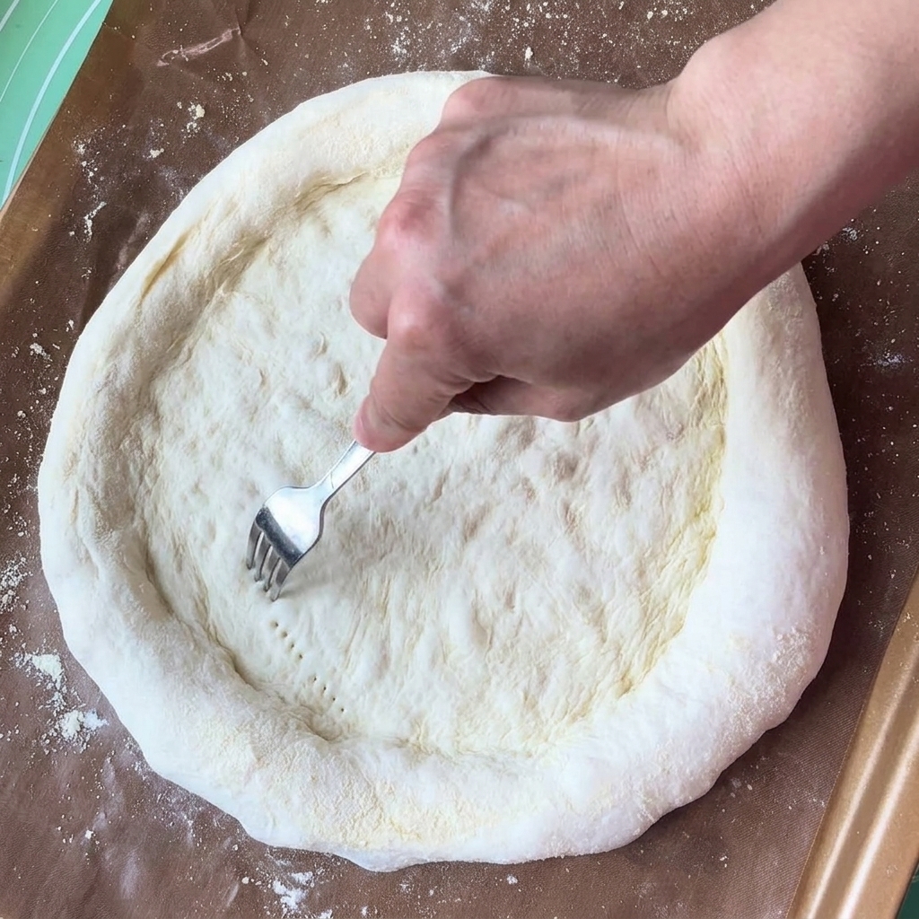Une main utilisant une fourchette pour percer de petits trous au centre dune pâte à pizza ronde.